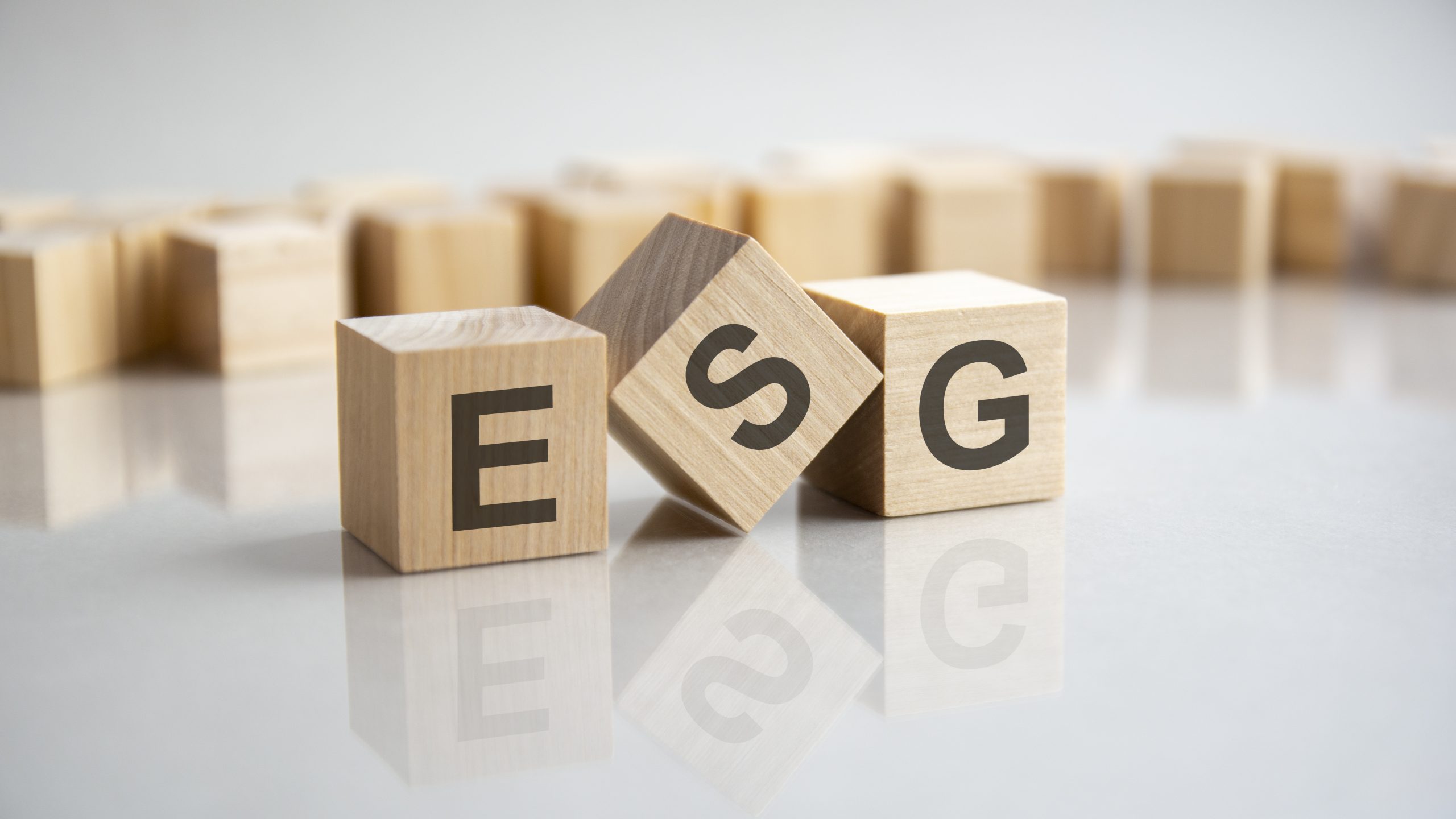 ESG word made from wooden cubes on gray background